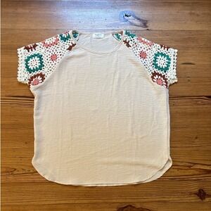 SAPPHIRE cream crochet boho short sleeve scoop neck shirt‎ SIZE XL